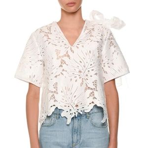 MSGM Scalloped Lace Bow-Shoulder Top in White